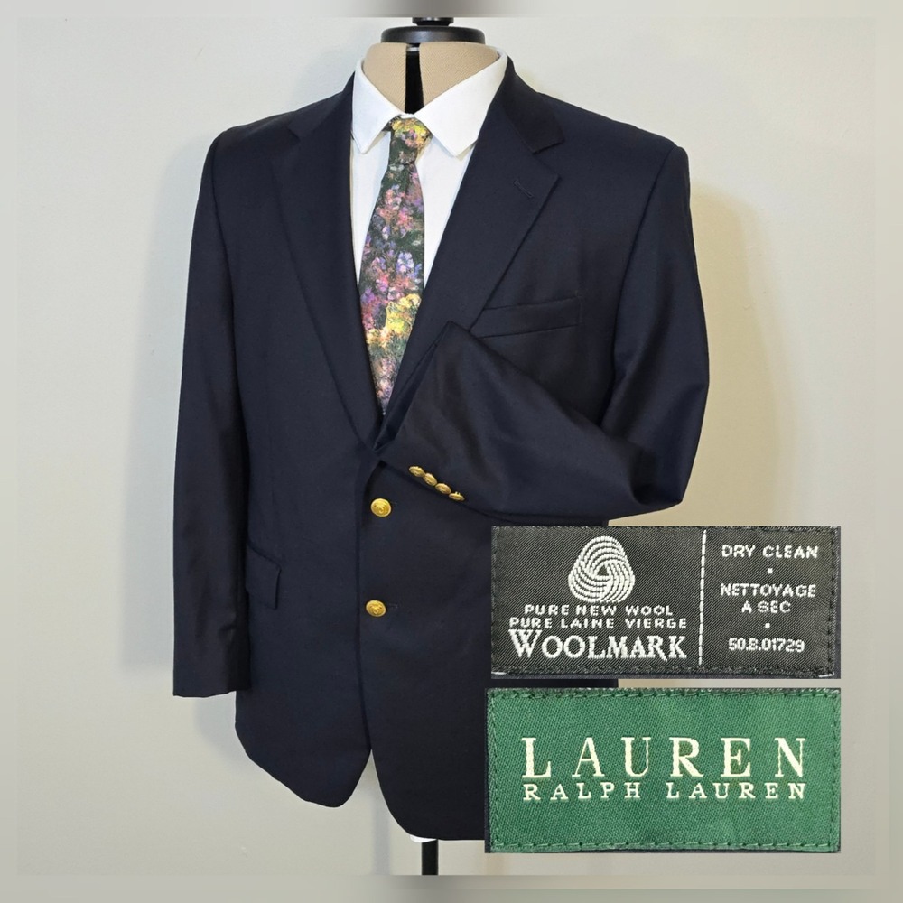 Lauren Ralph Lauren Blazer Men‎ 42R Navy Blue Gold Buttons 100% Wool Woolmark